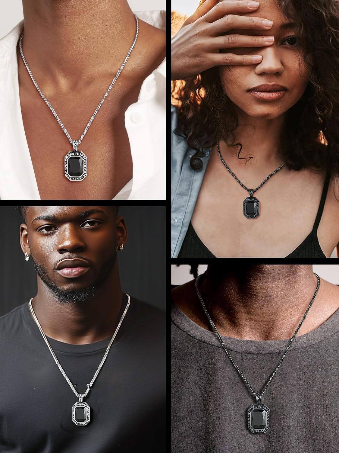 imageChainsHouse Viking Rune Pendant Necklace for Men Women Punk Biker Black Metal316L Stainless Steel Onyx Norse Vintage Amulet Necklaces with BlackRedGreenBlue Gemstone Send Gift BoxF Cool BlackBlack Stone