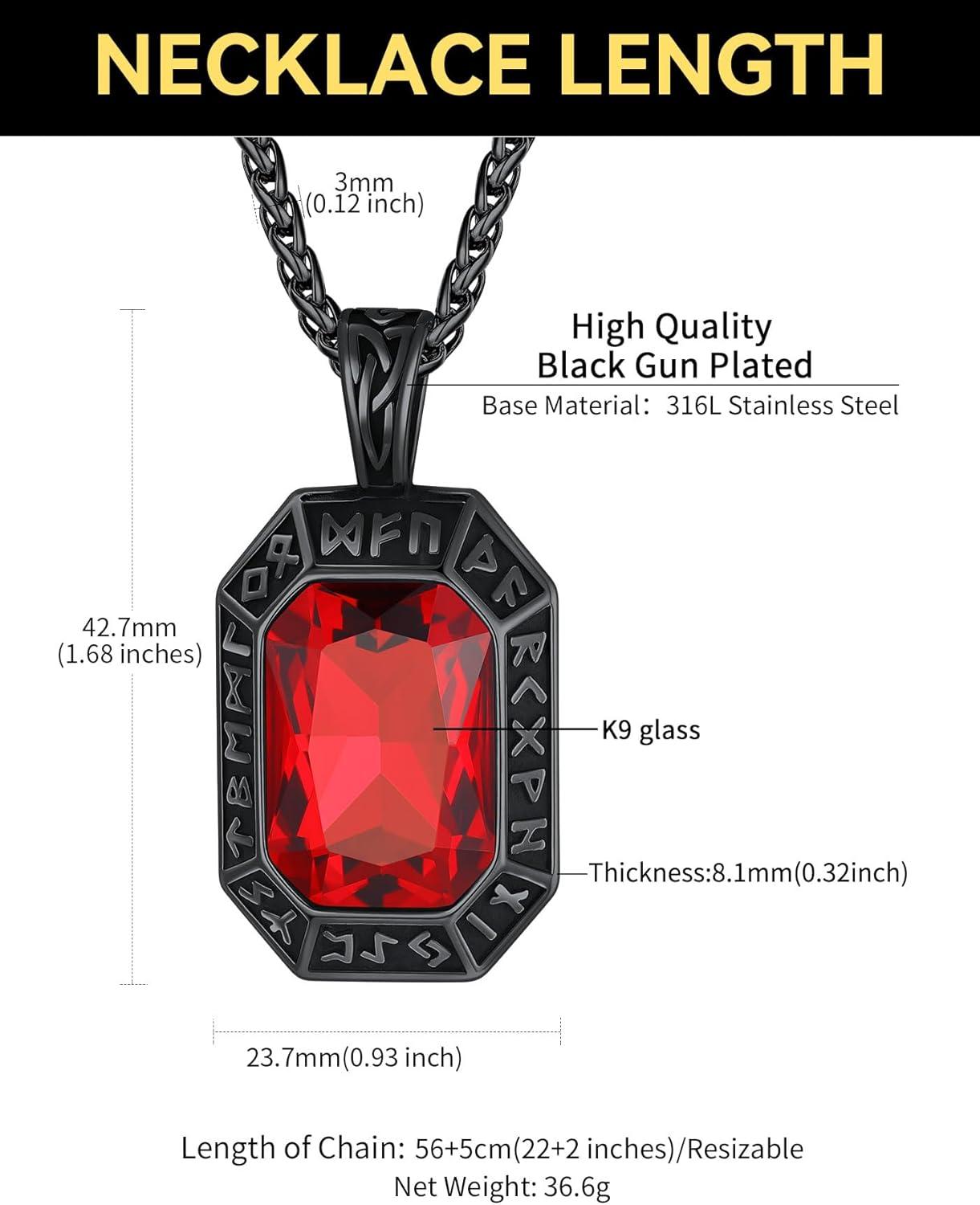 imageChainsHouse Viking Rune Pendant Necklace for Men Women Punk Biker Black Metal316L Stainless Steel Onyx Norse Vintage Amulet Necklaces with BlackRedGreenBlue Gemstone Send Gift BoxE Cool BlackRed Stone
