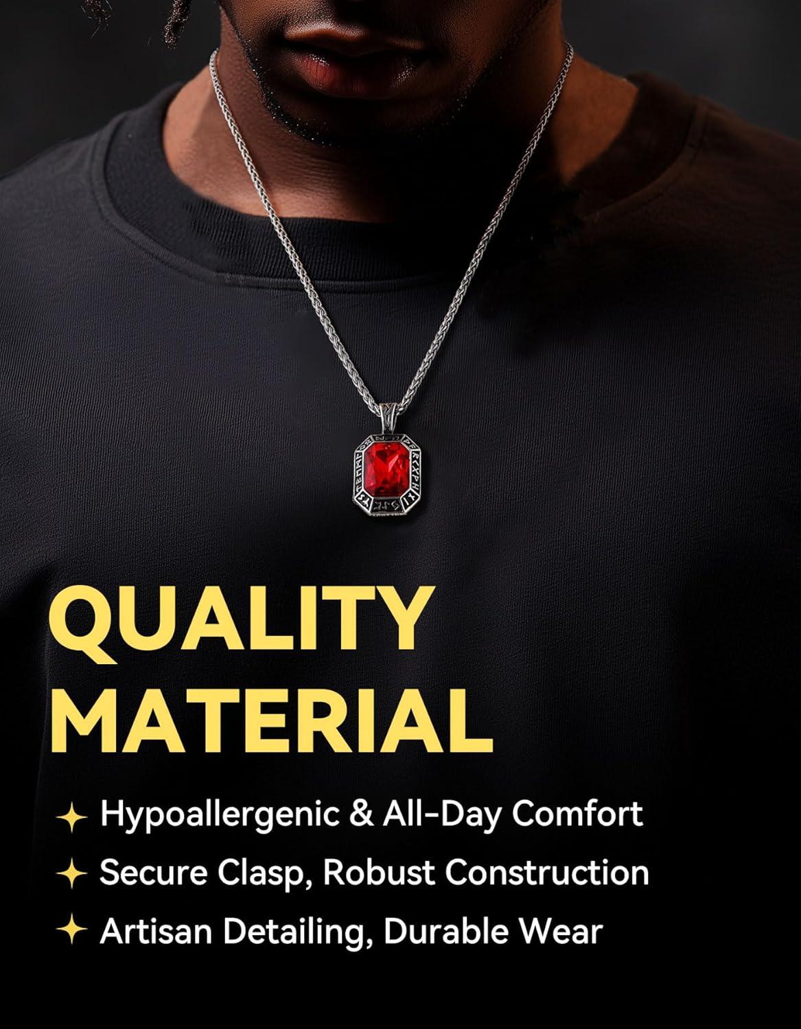 imageChainsHouse Viking Rune Pendant Necklace for Men Women Punk Biker Black Metal316L Stainless Steel Onyx Norse Vintage Amulet Necklaces with BlackRedGreenBlue Gemstone Send Gift BoxC Stainless SteelRed Stone