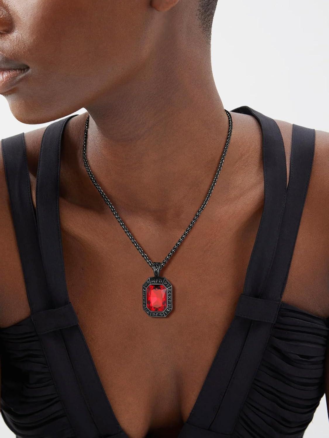 imageChainsHouse Viking Rune Pendant Necklace for Men Women Punk Biker Black Metal316L Stainless Steel Onyx Norse Vintage Amulet Necklaces with BlackRedGreenBlue Gemstone Send Gift BoxE Cool BlackRed Stone