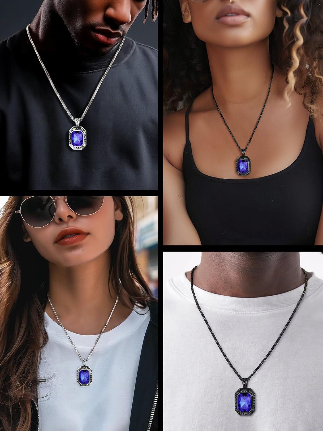 imageChainsHouse Viking Rune Pendant Necklace for Men Women Punk Biker Black Metal316L Stainless Steel Onyx Norse Vintage Amulet Necklaces with BlackRedGreenBlue Gemstone Send Gift BoxP BlackBlue StoneCustom