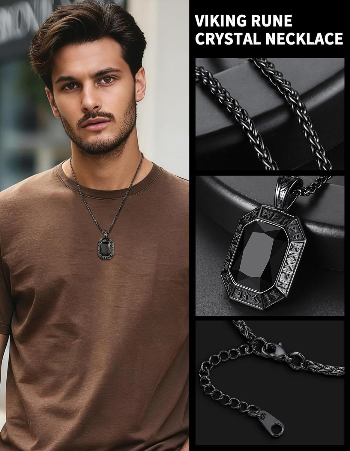 imageChainsHouse Viking Rune Pendant Necklace for Men Women Punk Biker Black Metal316L Stainless Steel Onyx Norse Vintage Amulet Necklaces with BlackRedGreenBlue Gemstone Send Gift BoxF Cool BlackBlack Stone