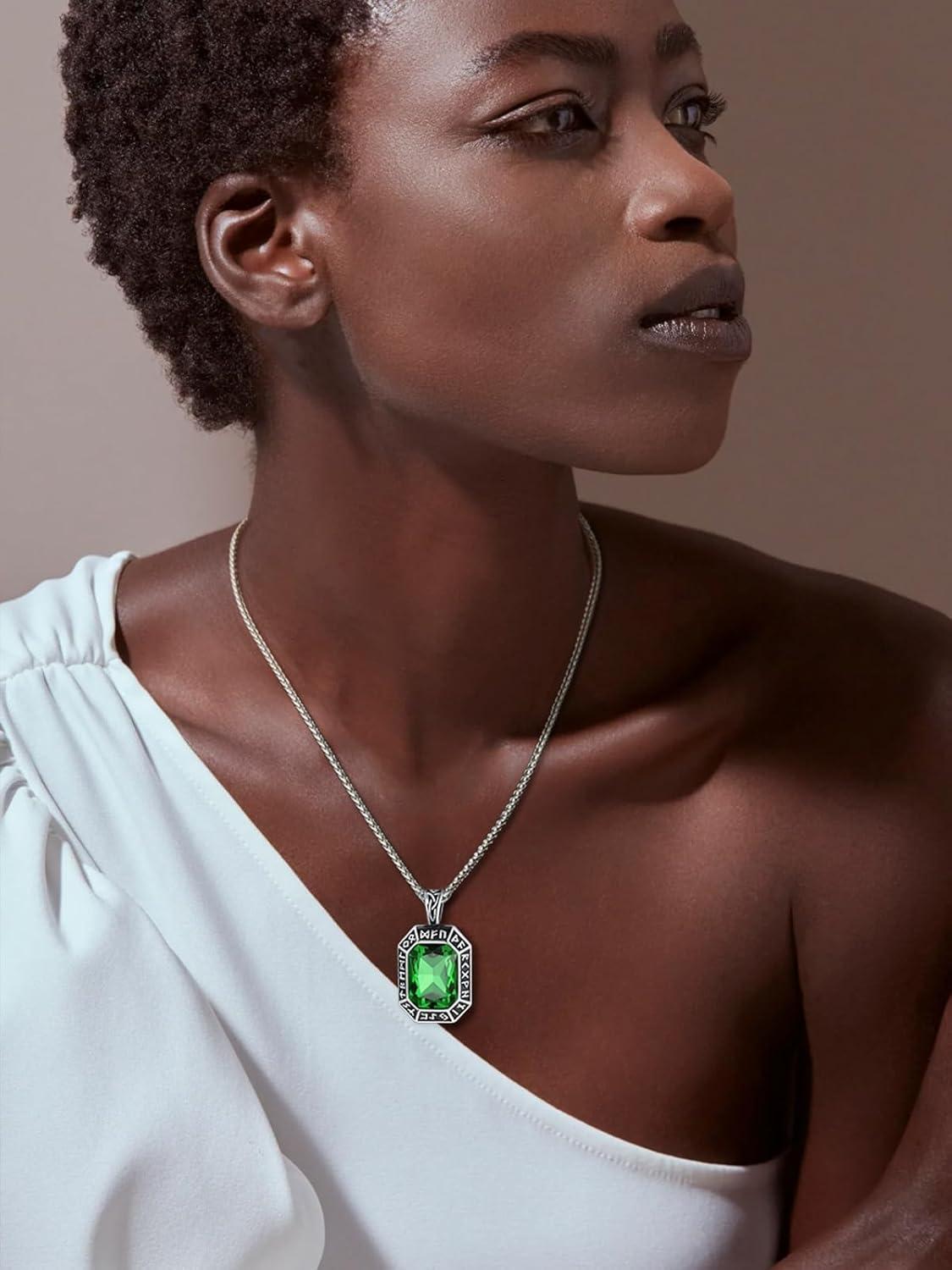 imageChainsHouse Viking Rune Pendant Necklace for Men Women Punk Biker Black Metal316L Stainless Steel Onyx Norse Vintage Amulet Necklaces with BlackRedGreenBlue Gemstone Send Gift BoxD Stainless SteelGreen Stone