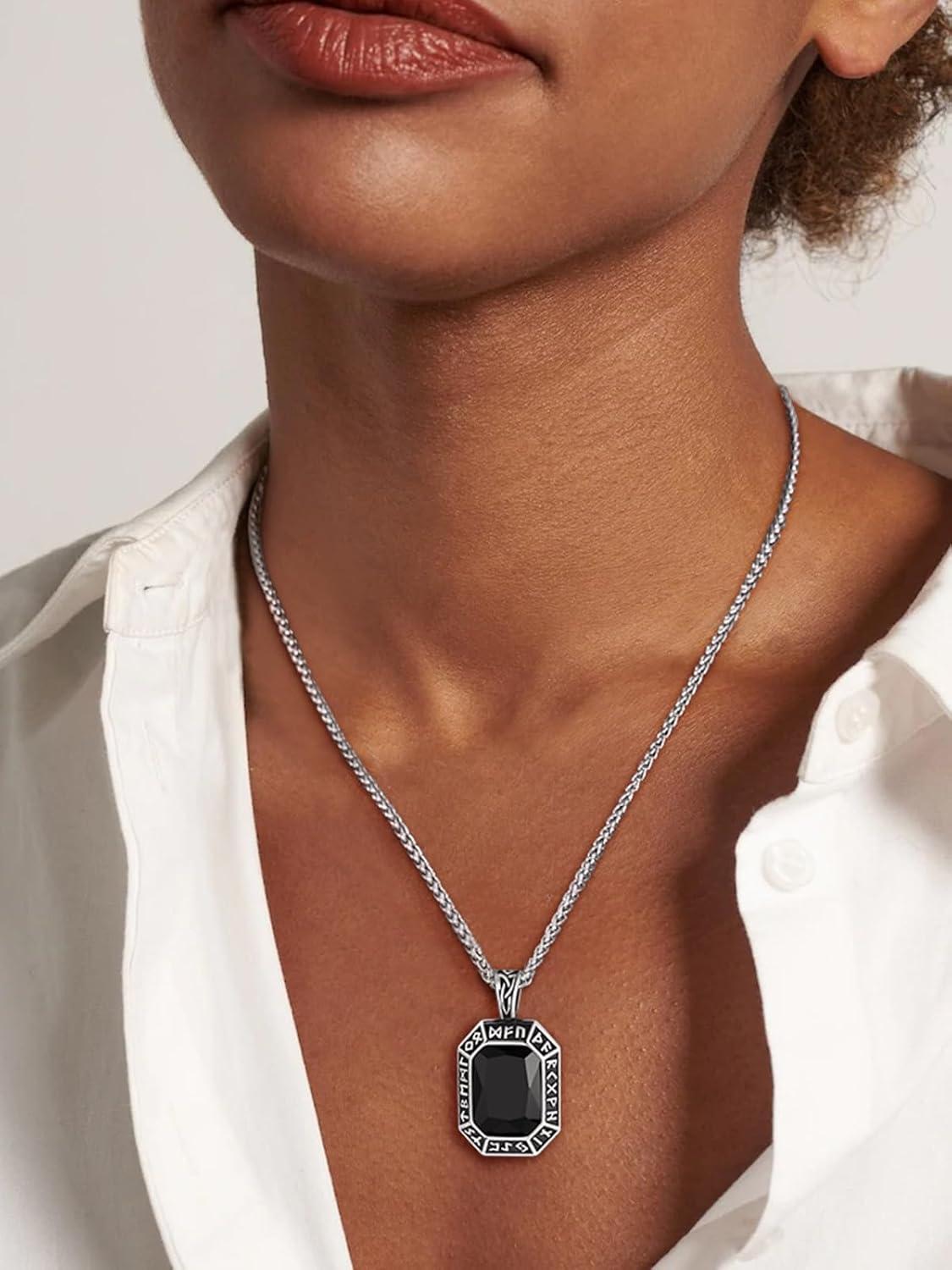 imageChainsHouse Viking Rune Pendant Necklace for Men Women Punk Biker Black Metal316L Stainless Steel Onyx Norse Vintage Amulet Necklaces with BlackRedGreenBlue Gemstone Send Gift BoxA Stainless SteelBlack Stone