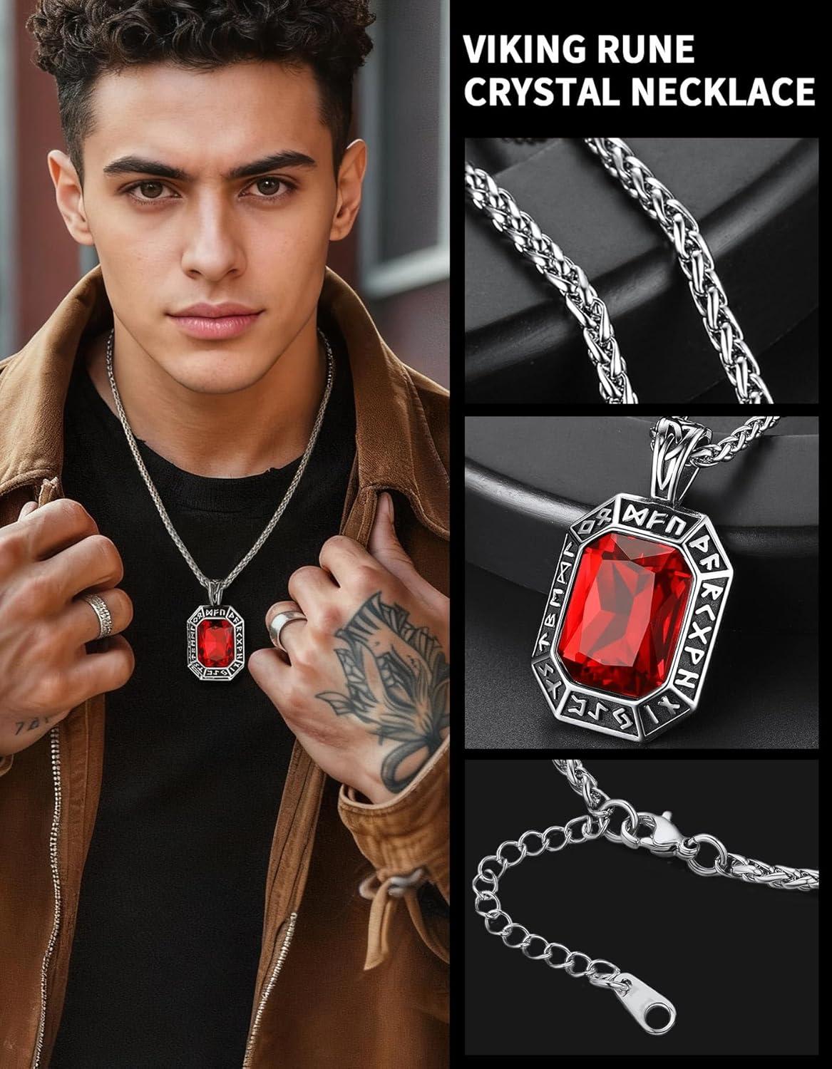 imageChainsHouse Viking Rune Pendant Necklace for Men Women Punk Biker Black Metal316L Stainless Steel Onyx Norse Vintage Amulet Necklaces with BlackRedGreenBlue Gemstone Send Gift BoxJ SteelRed StoneCustom