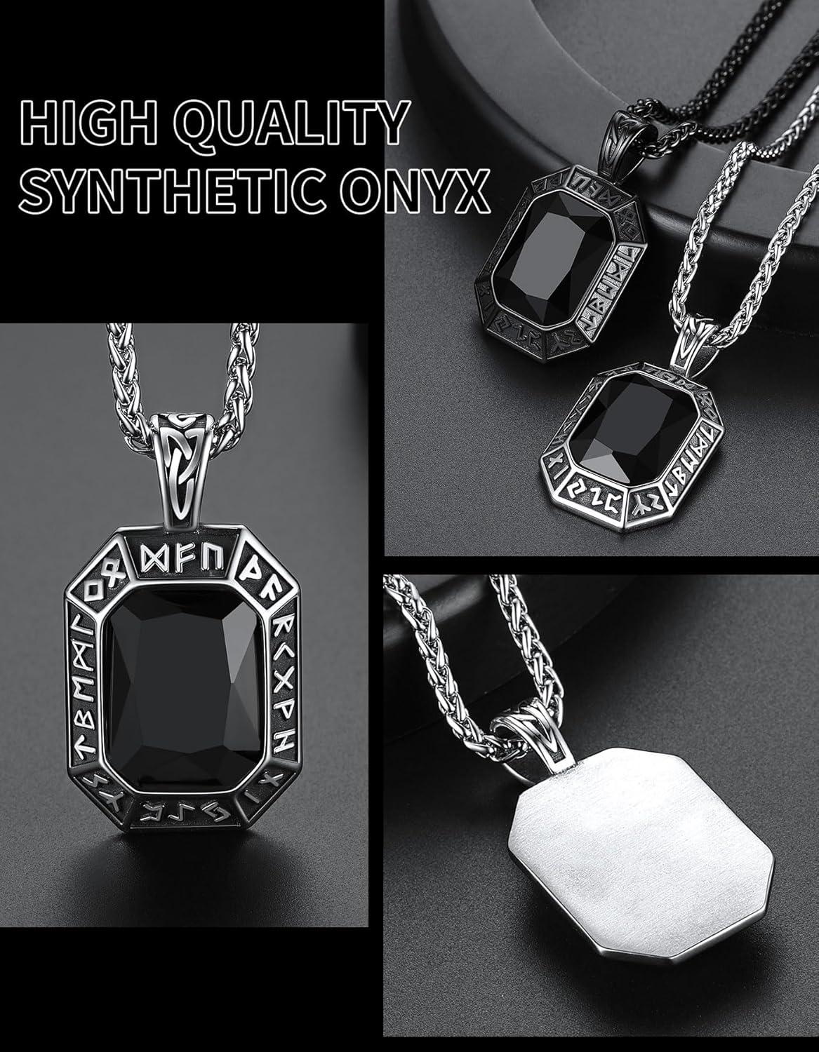 imageChainsHouse Viking Rune Pendant Necklace for Men Women Punk Biker Black Metal316L Stainless Steel Onyx Norse Vintage Amulet Necklaces with BlackRedGreenBlue Gemstone Send Gift BoxA Stainless SteelBlack Stone
