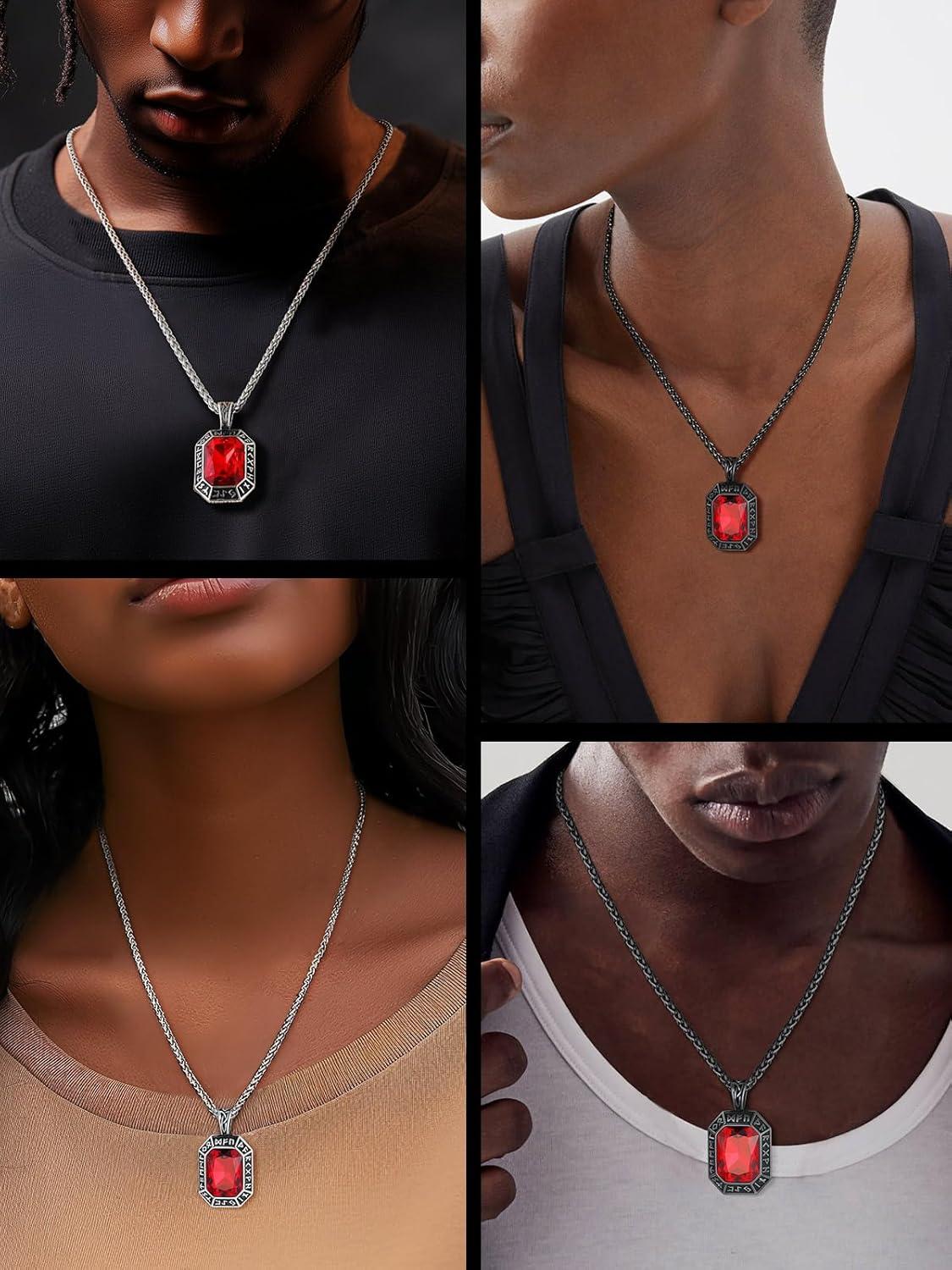 imageChainsHouse Viking Rune Pendant Necklace for Men Women Punk Biker Black Metal316L Stainless Steel Onyx Norse Vintage Amulet Necklaces with BlackRedGreenBlue Gemstone Send Gift BoxM BlackRed StoneCustom