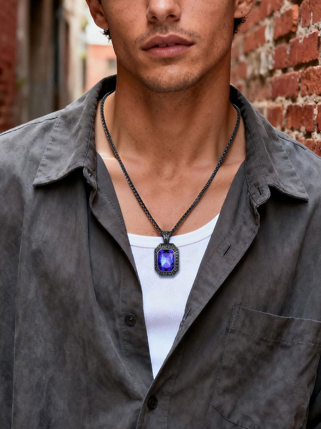 imageChainsHouse Viking Rune Pendant Necklace for Men Women Punk Biker Black Metal316L Stainless Steel Onyx Norse Vintage Amulet Necklaces with BlackRedGreenBlue Gemstone Send Gift BoxH Cool BlackBlue Stone