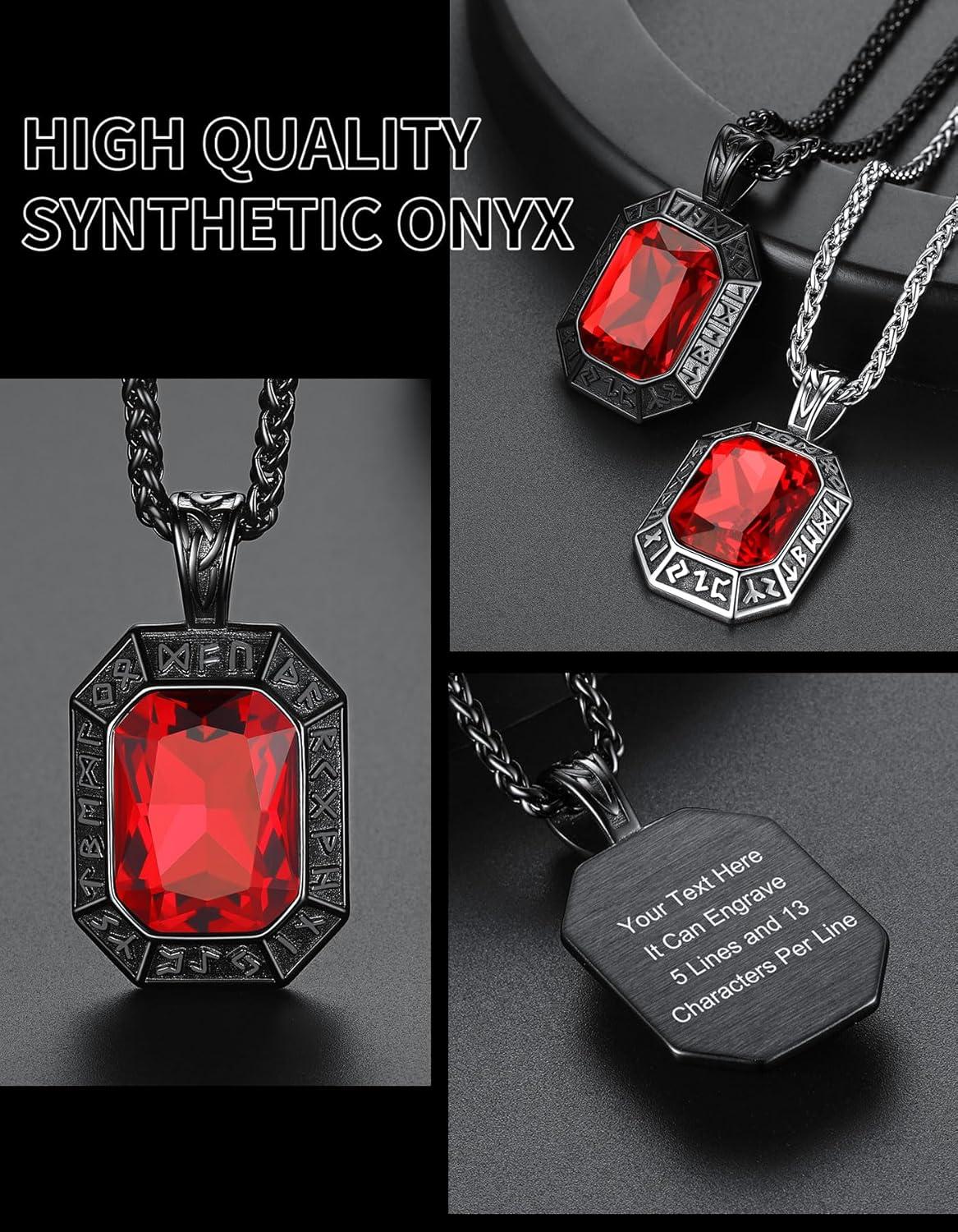 imageChainsHouse Viking Rune Pendant Necklace for Men Women Punk Biker Black Metal316L Stainless Steel Onyx Norse Vintage Amulet Necklaces with BlackRedGreenBlue Gemstone Send Gift BoxM BlackRed StoneCustom