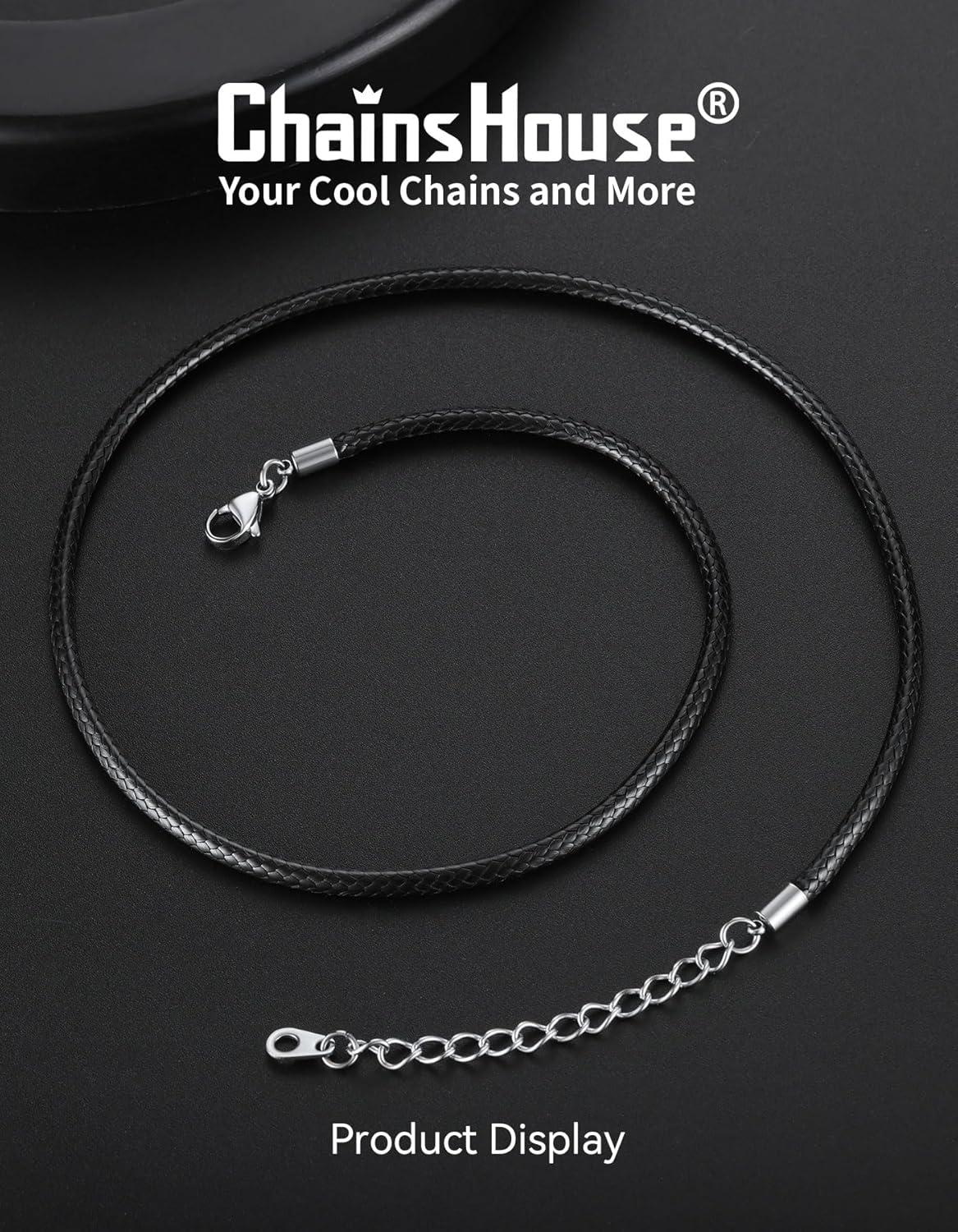 imageChainsHouse Waterproof Braided Black Leather Necklace Cord with Clasp Men Women DIY Rope Chain for Pendant Customize Available 1523mm Width 1618202224262830quot Length with Gift Boxd Black 3MM WideStainless Steel Clasp