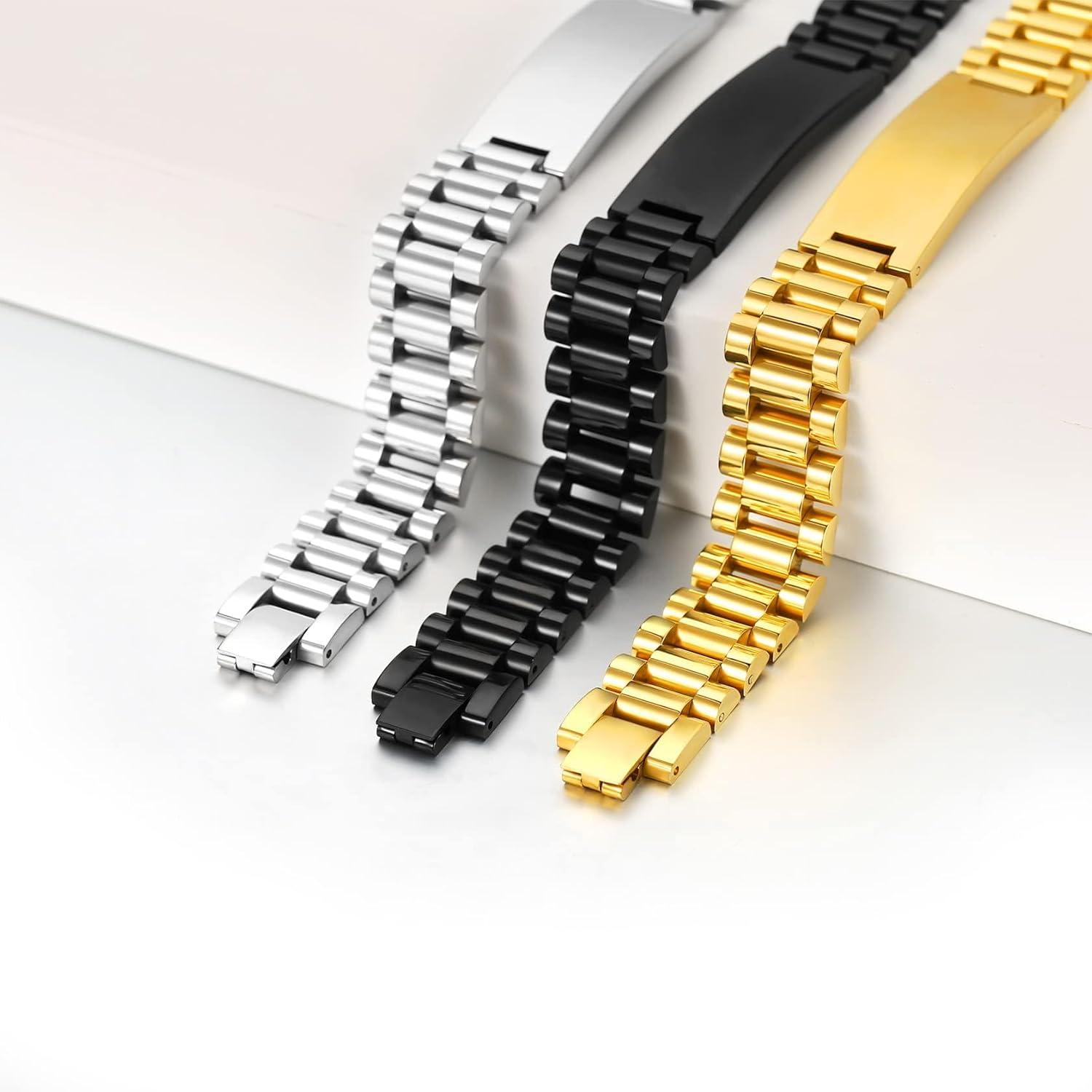 imageChainsHouse Wristband ID Bracelets for Men Stainless Steel18K GoldBlack Metal Plated Personalized Engrave Chunky Bracelet Bangle with Removal Tool 15MM155MM Width 827866 Inch Lengthb 15mm widthSteel