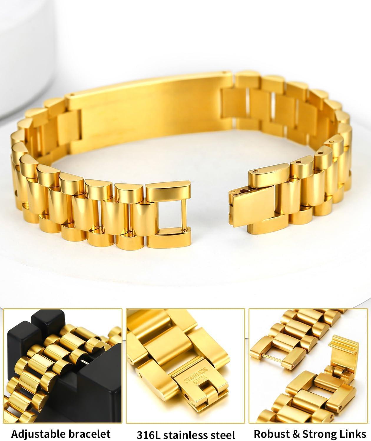 imageChainsHouse Wristband ID Bracelets for Men Stainless Steel18K GoldBlack Metal Plated Personalized Engrave Chunky Bracelet Bangle with Removal Tool 15MM155MM Width 827866 Inch Lengthr 15mm widthGoldphoto custom