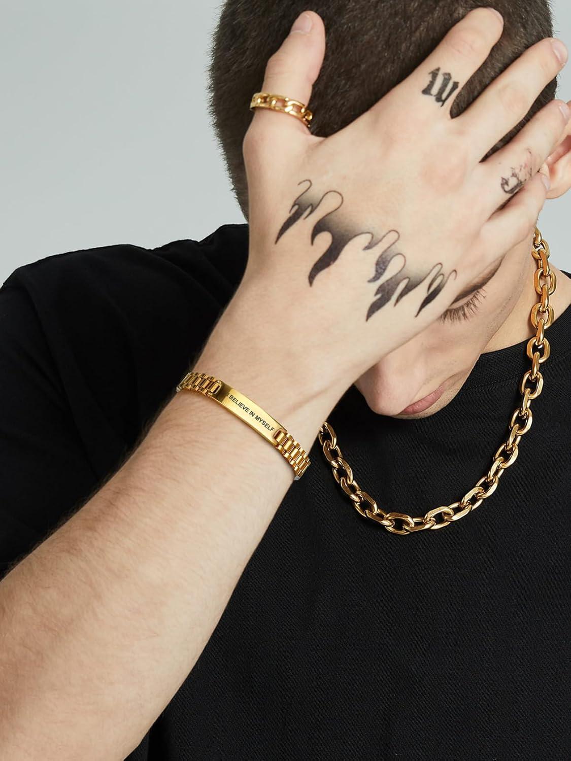 imageChainsHouse Wristband ID Bracelets for Men Stainless Steel18K GoldBlack Metal Plated Personalized Engrave Chunky Bracelet Bangle with Removal Tool 15MM155MM Width 827866 Inch Lengthu A SetGoldCutom