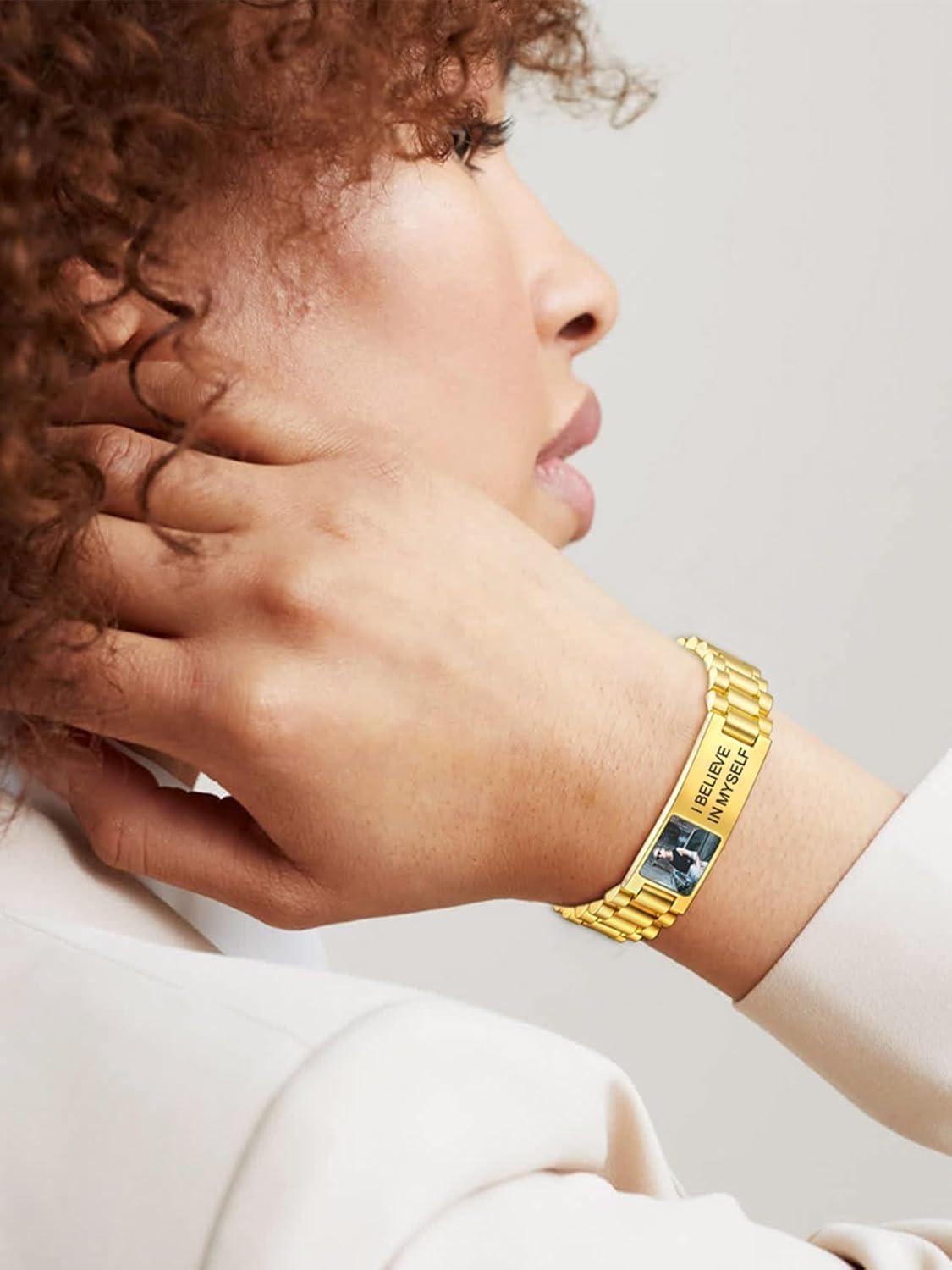 imageChainsHouse Wristband ID Bracelets for Men Stainless Steel18K GoldBlack Metal Plated Personalized Engrave Chunky Bracelet Bangle with Removal Tool 15MM155MM Width 827866 Inch Lengthr 15mm widthGoldphoto custom