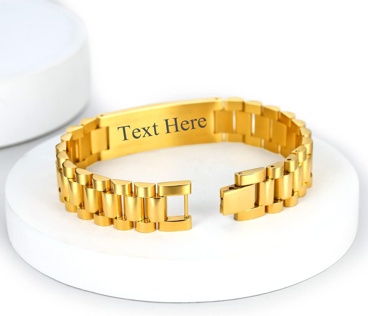 imageChainsHouse Wristband ID Bracelets for Men Stainless Steel18K GoldBlack Metal Plated Personalized Engrave Chunky Bracelet Bangle with Removal Tool 15MM155MM Width 827866 Inch Lengtho 15mm widthGoldText Custom