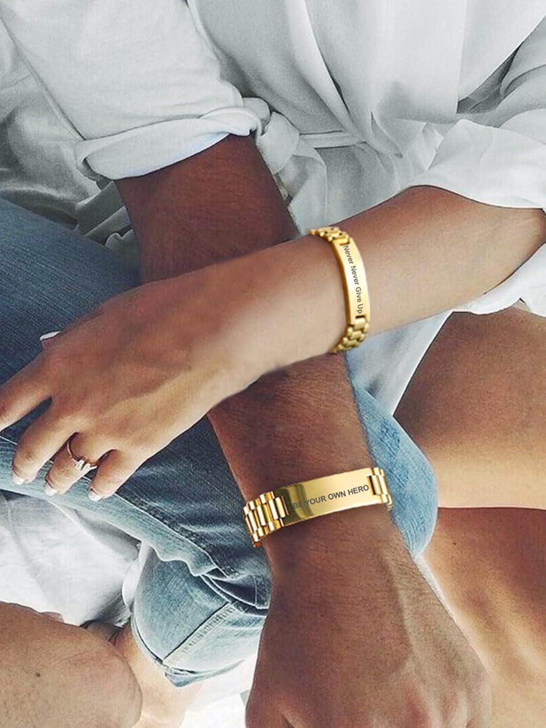 imageChainsHouse Wristband ID Bracelets for Men Stainless Steel18K GoldBlack Metal Plated Personalized Engrave Chunky Bracelet Bangle with Removal Tool 15MM155MM Width 827866 Inch Lengthu A SetGoldCutom