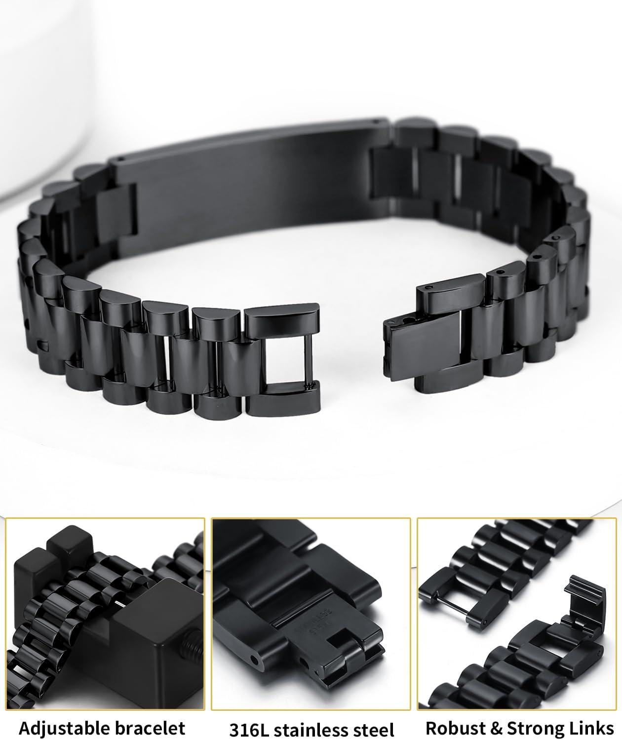 imageChainsHouse Wristband ID Bracelets for Men Stainless Steel18K GoldBlack Metal Plated Personalized Engrave Chunky Bracelet Bangle with Removal Tool 15MM155MM Width 827866 Inch Lengthq 15mm widthBlackphoto custom