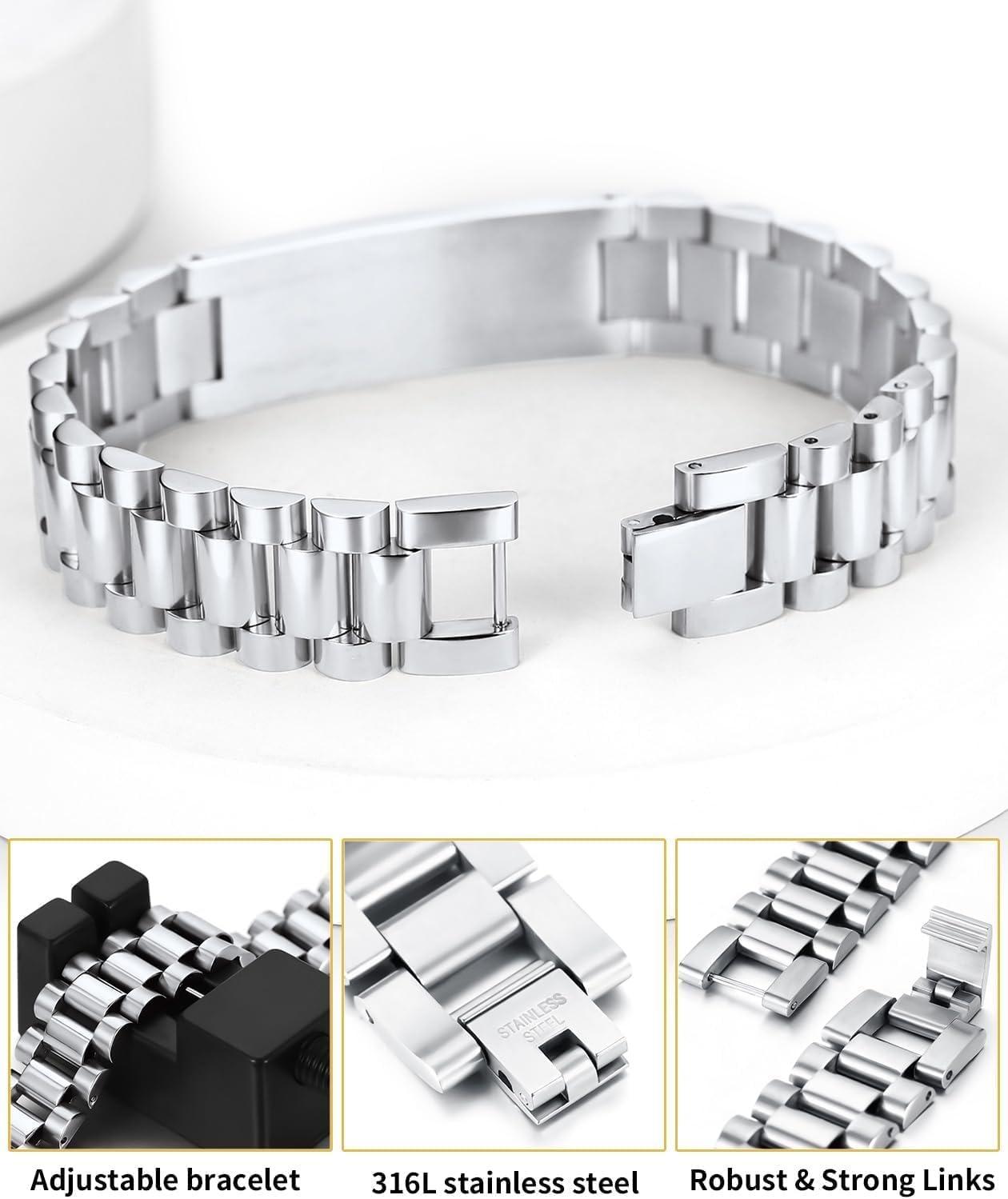 imageChainsHouse Wristband ID Bracelets for Men Stainless Steel18K GoldBlack Metal Plated Personalized Engrave Chunky Bracelet Bangle with Removal Tool 15MM155MM Width 827866 Inch Lengthp 15mm widthSteelphoto custom