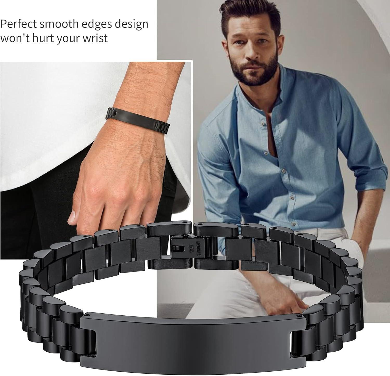 imageChainsHouse Wristband ID Bracelets for Men Stainless Steel18K GoldBlack Metal Plated Personalized Engrave Chunky Bracelet Bangle with Removal Tool 15MM155MM Width 827866 Inch Lengthd 10mm widthBlack