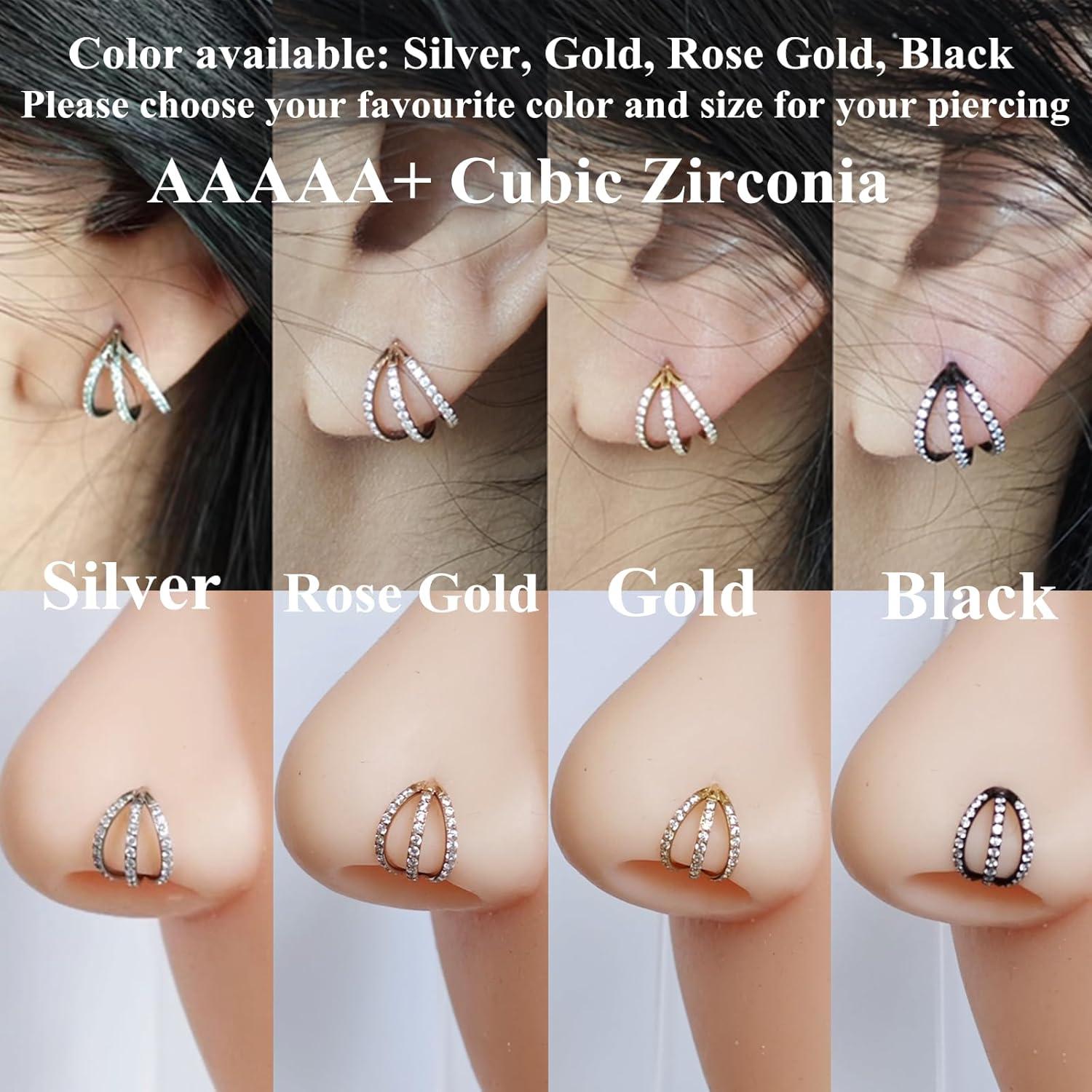 imageORANGELOVE 316L Surgical Steel Hinge Triple Hoop Segment Nose Rings Cartilage Hoop Seamless Hinged Clicker Ear Piercing for Helix Tragus Conch Cartilage Nostril Piercings 20G 18G 16GSilverCZ Triple Hoop