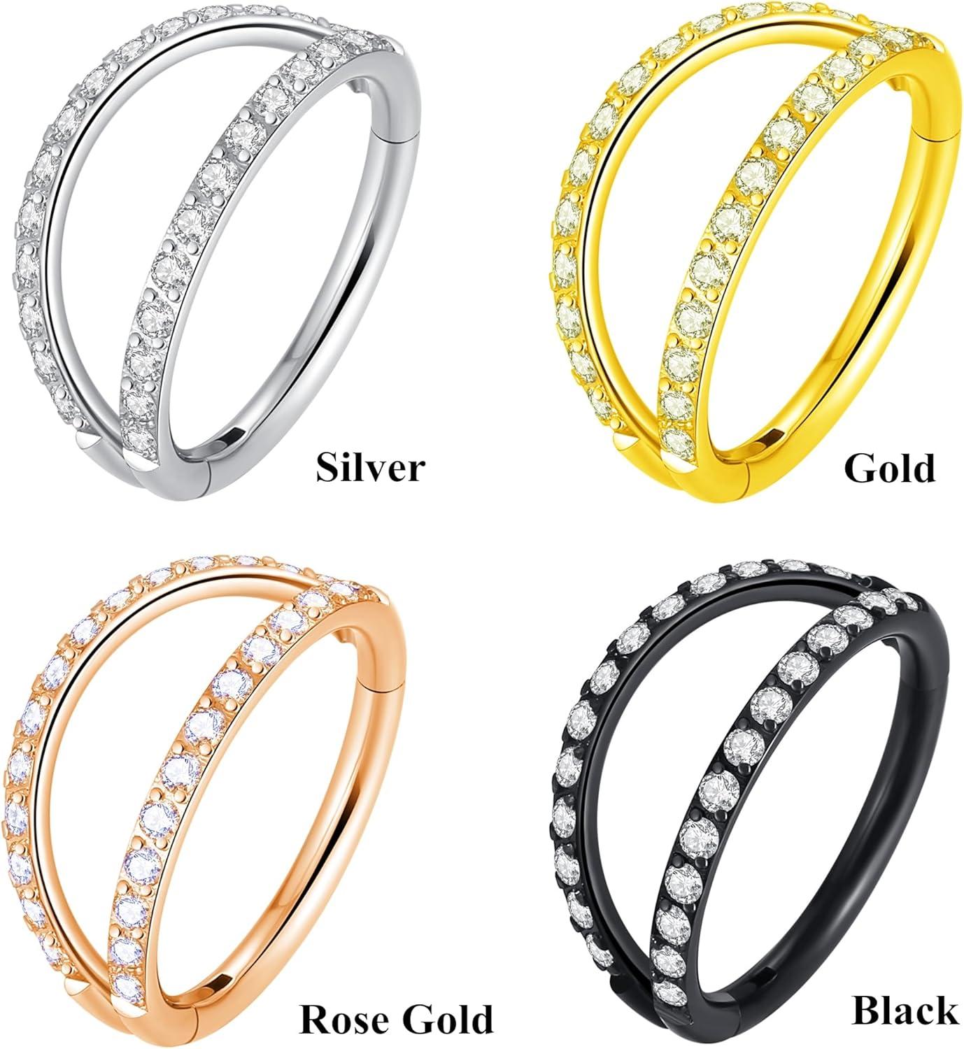 imageORANGELOVE Double Open Stack CZ Nose Ring Hoop 316L Surgical Steel Helix Rook Conch Cartilage Daith Tragus Earrings Hinged Segment Nostril Piercing Septum Clicker 20G 18G 16G Lip Ring1pc16G 6mm Rose GoldClear CZ