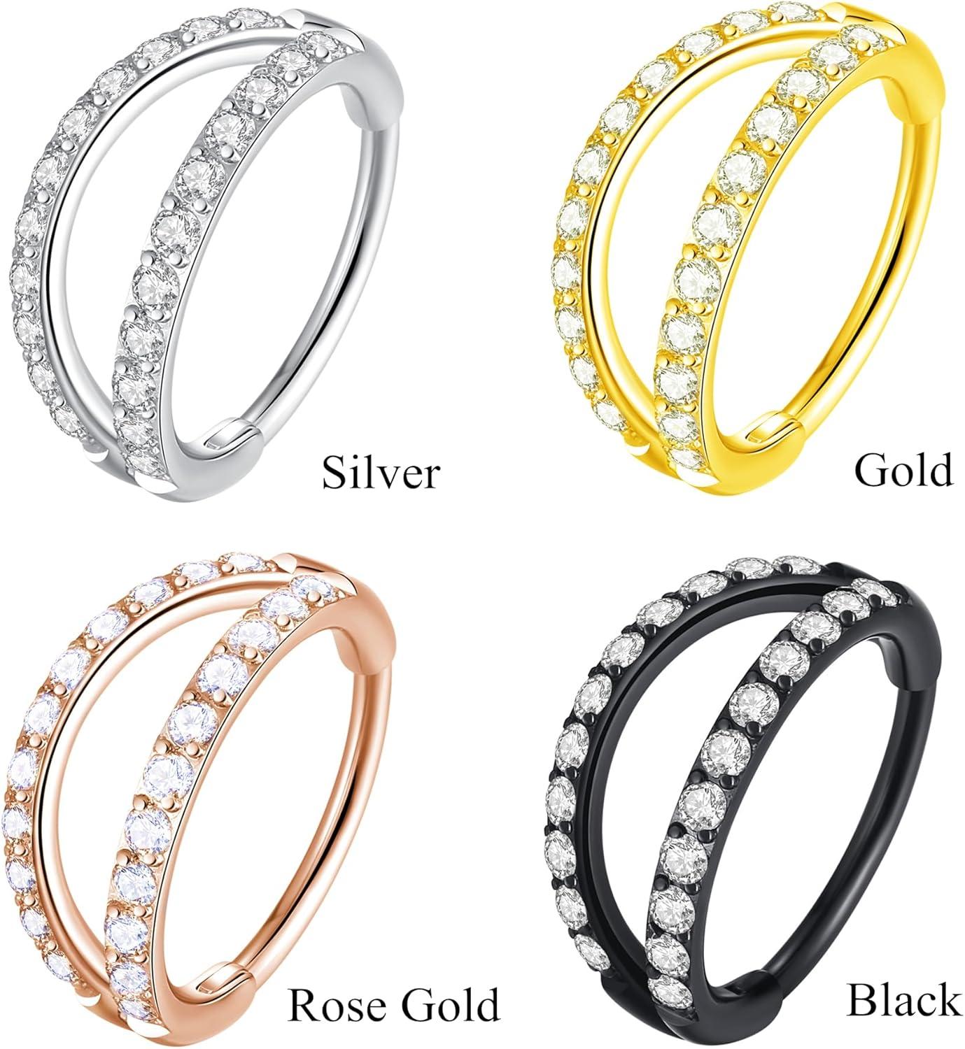imageORANGELOVE Double Open Stack CZ Nose Ring Hoop 316L Surgical Steel Helix Rook Conch Cartilage Daith Tragus Earrings Hinged Segment Nostril Piercing Septum Clicker 20G 18G 16G Lip Ring1pc20G 6mm GoldClear CZ