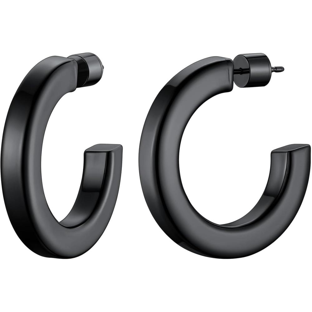 imageChainsHouse 316L Stainless Steel Hoop Earrings for Women  30mm40mm60mm80mm 18K GoldBlack Lightweight Open Hoop Earrings Fits for Sensitive Ears Send Gift BoxA Black30mm