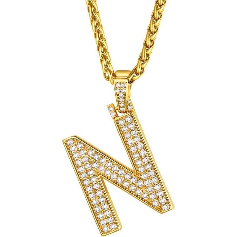 imageChainsHouse AZ Letter 01 Number Pendant Necklace Cubic Zirconia CZ Alphabet Initial Pendant with Stainless Steel Spiga Chain Personalized Custom Hip Hop Rapper Hip Hop Jewelry for Men