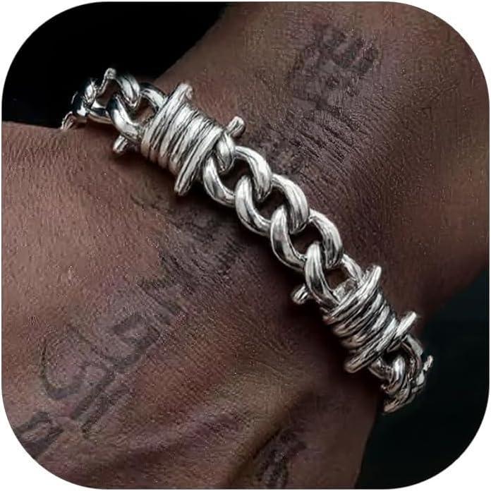 imageChainsHouse Barbed Wire Bracelet Cuban Link Chain Bracelet for Men Stainless Steel Gothic Punk Thorns Hand Chain Hip Hop Jewelry 57912mm Width 7quot83quot Length Send Gift BoxD12mmStainless Steel