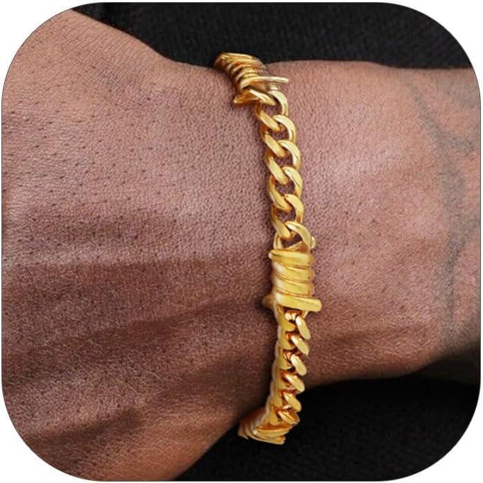 imageChainsHouse Barbed Wire Bracelet Cuban Link Chain Bracelet for Men Stainless Steel Gothic Punk Thorns Hand Chain Hip Hop Jewelry 57912mm Width 7quot83quot Length Send Gift BoxF7mmShiny Gold