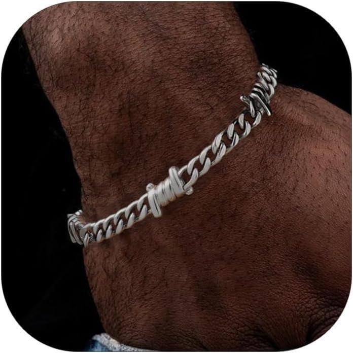imageChainsHouse Barbed Wire Bracelet Cuban Link Chain Bracelet for Men Stainless Steel Gothic Punk Thorns Hand Chain Hip Hop Jewelry 57912mm Width 7quot83quot Length Send Gift BoxB7mmStainless Steel