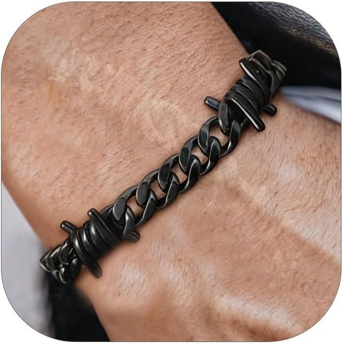 imageChainsHouse Barbed Wire Bracelet Cuban Link Chain Bracelet for Men Stainless Steel Gothic Punk Thorns Hand Chain Hip Hop Jewelry 57912mm Width 7quot83quot Length Send Gift BoxK9mmCool Black