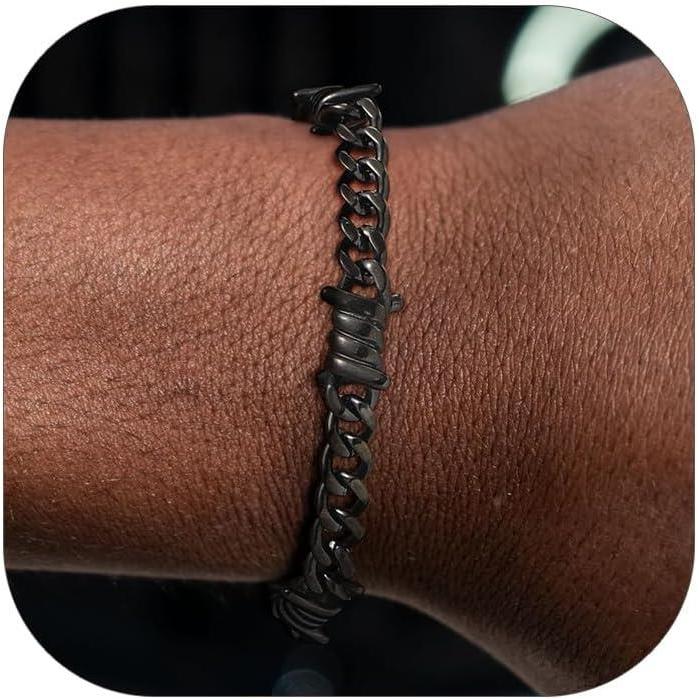 imageChainsHouse Barbed Wire Bracelet Cuban Link Chain Bracelet for Men Stainless Steel Gothic Punk Thorns Hand Chain Hip Hop Jewelry 57912mm Width 7quot83quot Length Send Gift BoxJ7mmCool Black
