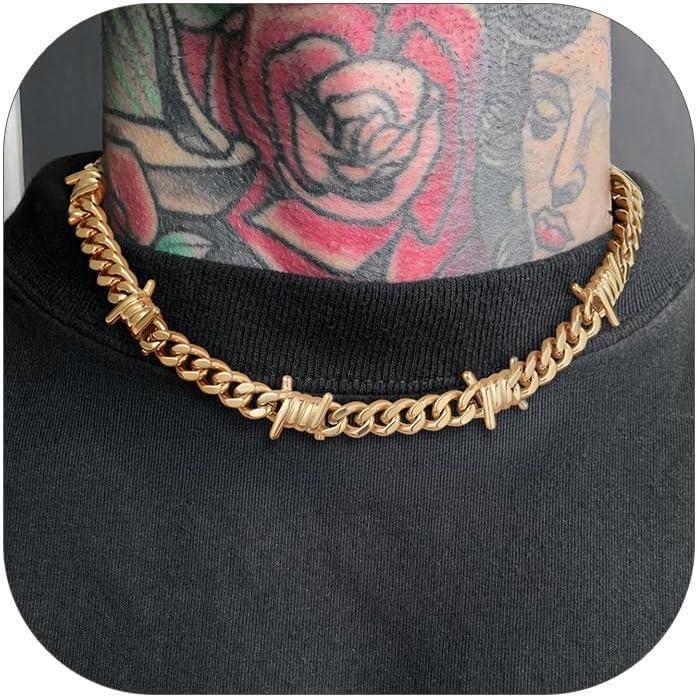 imageChainsHouse Barbed Wire Necklace Punk Thorns Chain Necklace for Men Women 567912MM Wide Stainless SteelBlack MetalGold Plated Hiphop Rock Jewelry 1822 Inchesn9mmGold PlatedThorns Chain
