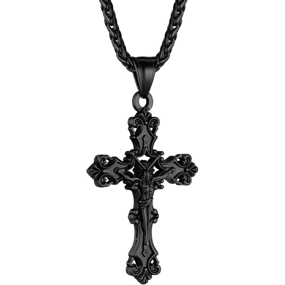 imageChainsHouse Cross Necklace for Men Black18K Gold PlatedStainless Steel Christian Jewelry Cross Pendant Necklace for Men with Gift Boxa Jecus CrossBlack