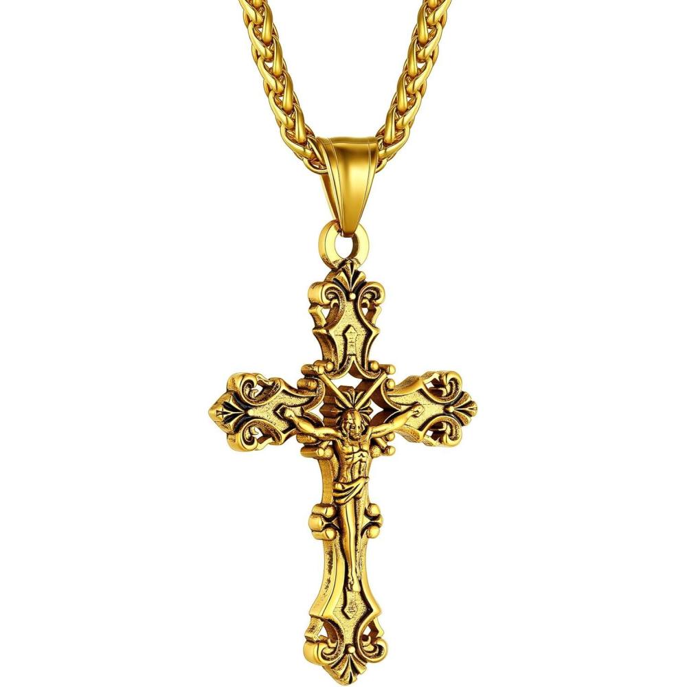 imageChainsHouse Cross Necklace for Men Black18K Gold PlatedStainless Steel Christian Jewelry Cross Pendant Necklace for Men with Gift Boxa Jecus CrossGold