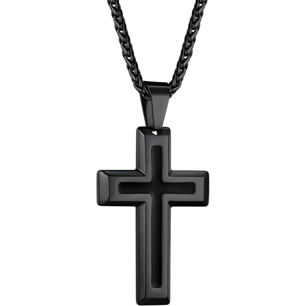 imageChainsHouse Cross Necklace for Men Black18K Gold PlatedStainless Steel Christian Jewelry Cross Pendant Necklace for Men with Gift Boxb Dripping Oil CrossBlack