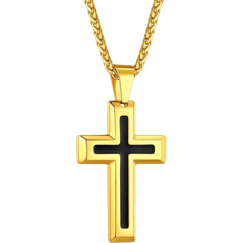 imageChainsHouse Cross Necklace for Men Black18K Gold PlatedStainless Steel Christian Jewelry Cross Pendant Necklace for Men with Gift Boxb Dripping Oil CrossGold