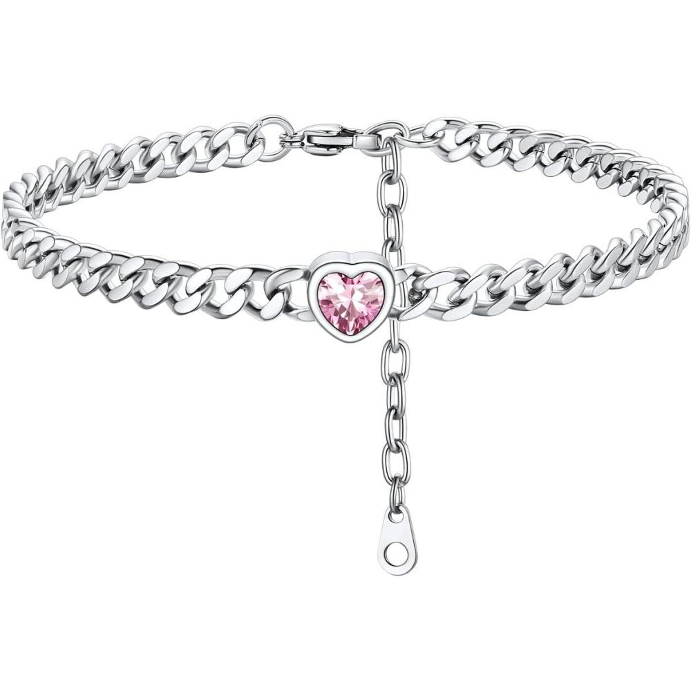 imageChainsHouse Cuban Chain Anklets for WomenStainless Steel Black 6mm Link Chain Ankle Bracelet with Heart Birthstone Jan  Dec 12 Months 22cm27cm Adjustable with Gift Box10 OctTourmalineSteel