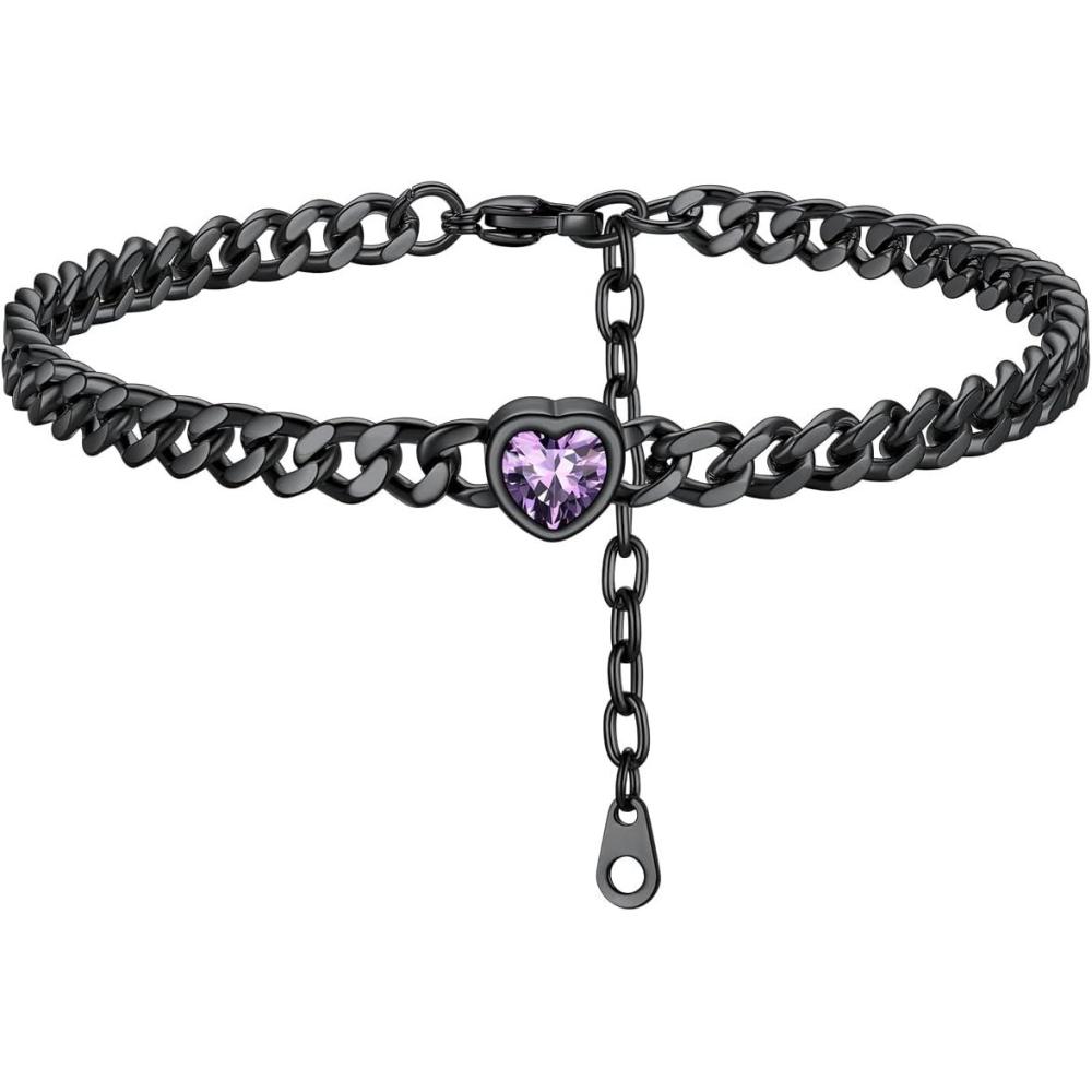 imageChainsHouse Cuban Chain Anklets for WomenStainless Steel Black 6mm Link Chain Ankle Bracelet with Heart Birthstone Jan Dec 12 Months 22cm27cm Adjustable with Gift Box02 FebAmethystBlack