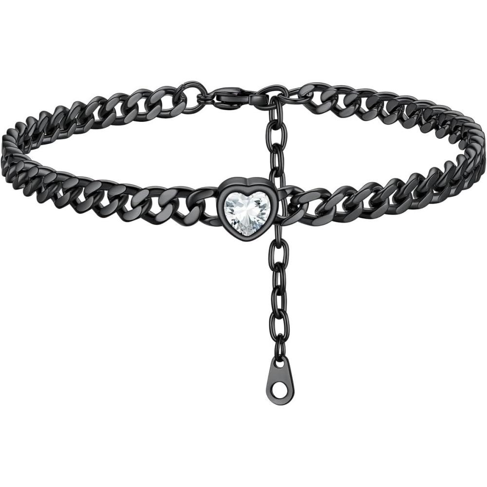 imageChainsHouse Cuban Chain Anklets for WomenStainless Steel Black 6mm Link Chain Ankle Bracelet with Heart Birthstone Jan Dec 12 Months 22cm27cm Adjustable with Gift Box04 AprClear CrystalBlack