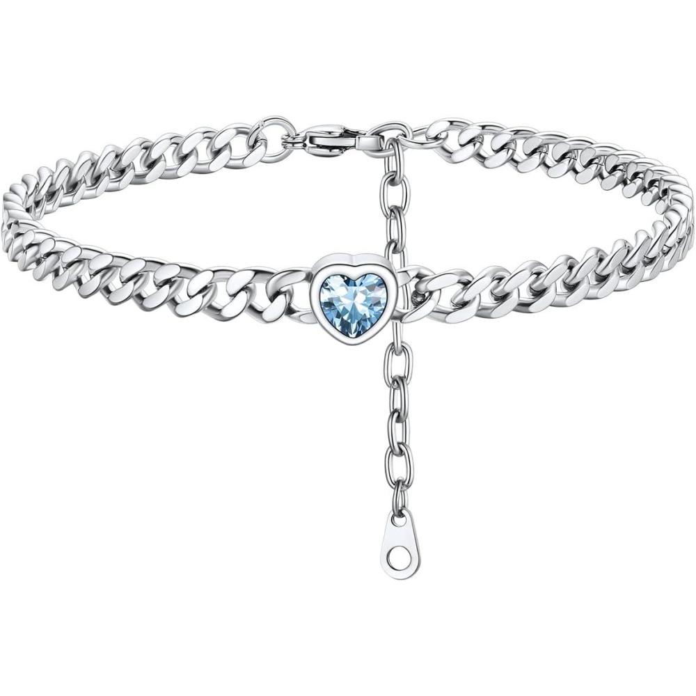 imageChainsHouse Cuban Chain Anklets for WomenStainless Steel Black 6mm Link Chain Ankle Bracelet with Heart Birthstone Jan  Dec 12 Months 22cm27cm Adjustable with Gift Box03 MarAquamarineSteel