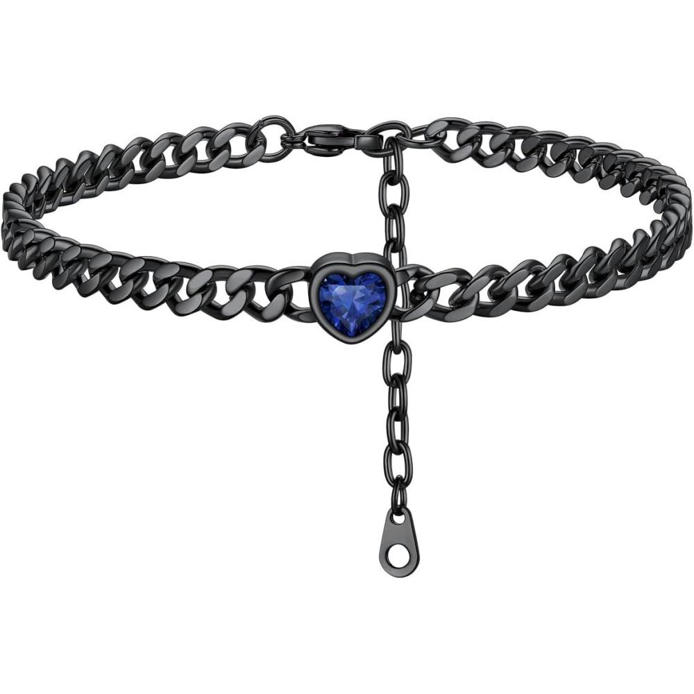 imageChainsHouse Cuban Chain Anklets for WomenStainless Steel Black 6mm Link Chain Ankle Bracelet with Heart Birthstone Jan Dec 12 Months 22cm27cm Adjustable with Gift Box09 SepSapphireBlack