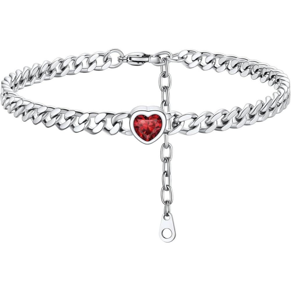 imageChainsHouse Cuban Chain Anklets for WomenStainless Steel Black 6mm Link Chain Ankle Bracelet with Heart Birthstone Jan Dec 12 Months 22cm27cm Adjustable with Gift Box01 JanRed GarnetSteel
