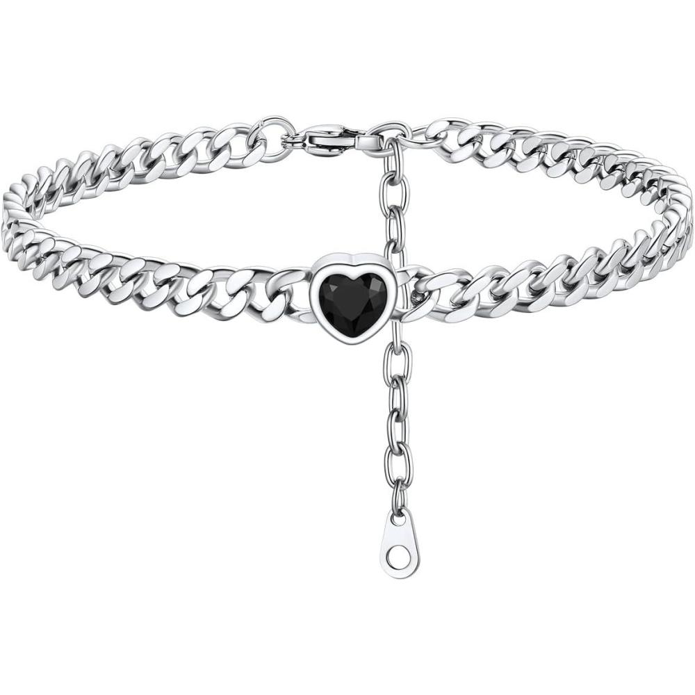 imageChainsHouse Cuban Chain Anklets for WomenStainless Steel Black 6mm Link Chain Ankle Bracelet with Heart Birthstone Jan Dec 12 Months 22cm27cm Adjustable with Gift Box13 Black StoneSteel