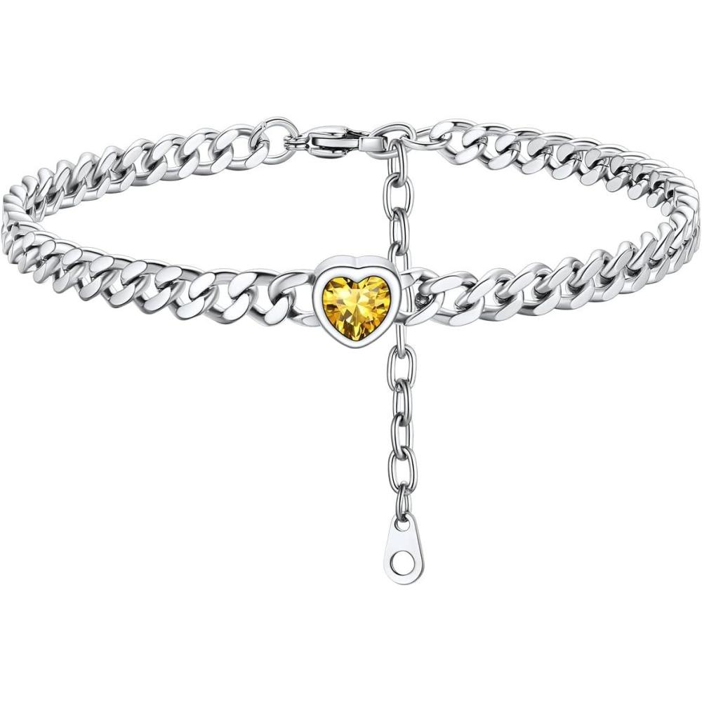 imageChainsHouse Cuban Chain Anklets for WomenStainless Steel Black 6mm Link Chain Ankle Bracelet with Heart Birthstone Jan Dec 12 Months 22cm27cm Adjustable with Gift Box11 NovTopazSteel