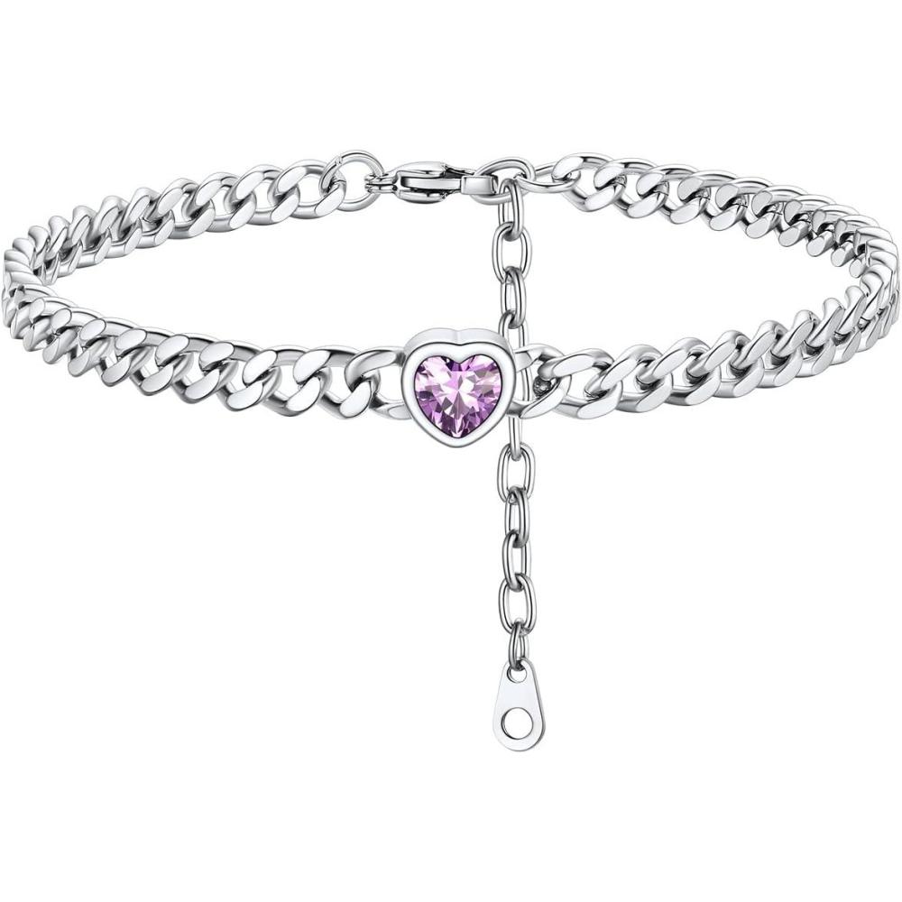 imageChainsHouse Cuban Chain Anklets for WomenStainless Steel Black 6mm Link Chain Ankle Bracelet with Heart Birthstone Jan Dec 12 Months 22cm27cm Adjustable with Gift Box06 JunAlexandriteSteel