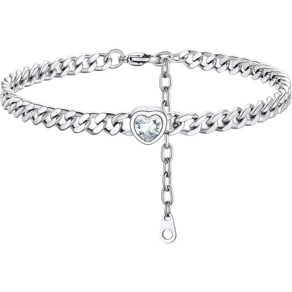 imageChainsHouse Cuban Chain Anklets for WomenStainless Steel Black 6mm Link Chain Ankle Bracelet with Heart Birthstone Jan Dec 12 Months 22cm27cm Adjustable with Gift Box04 AprClear CrystalSteel