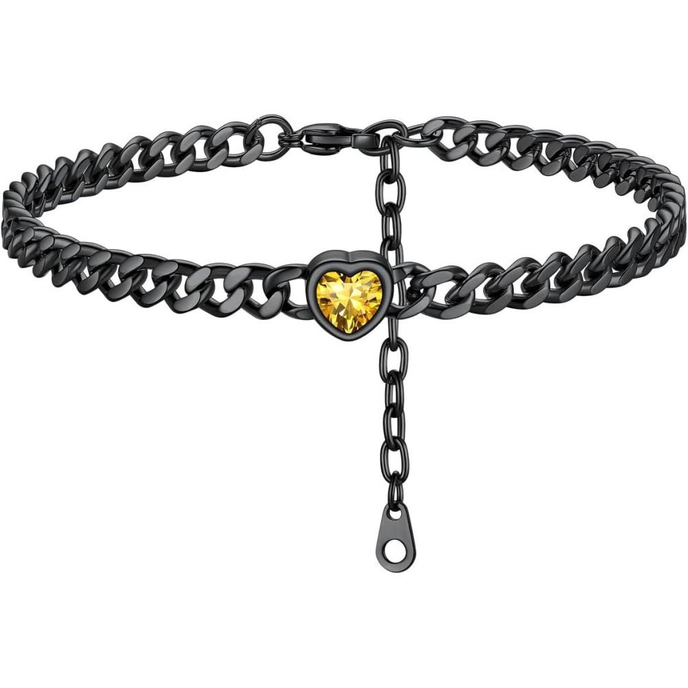 imageChainsHouse Cuban Chain Anklets for WomenStainless Steel Black 6mm Link Chain Ankle Bracelet with Heart Birthstone Jan Dec 12 Months 22cm27cm Adjustable with Gift Box11 NovTopazBlack