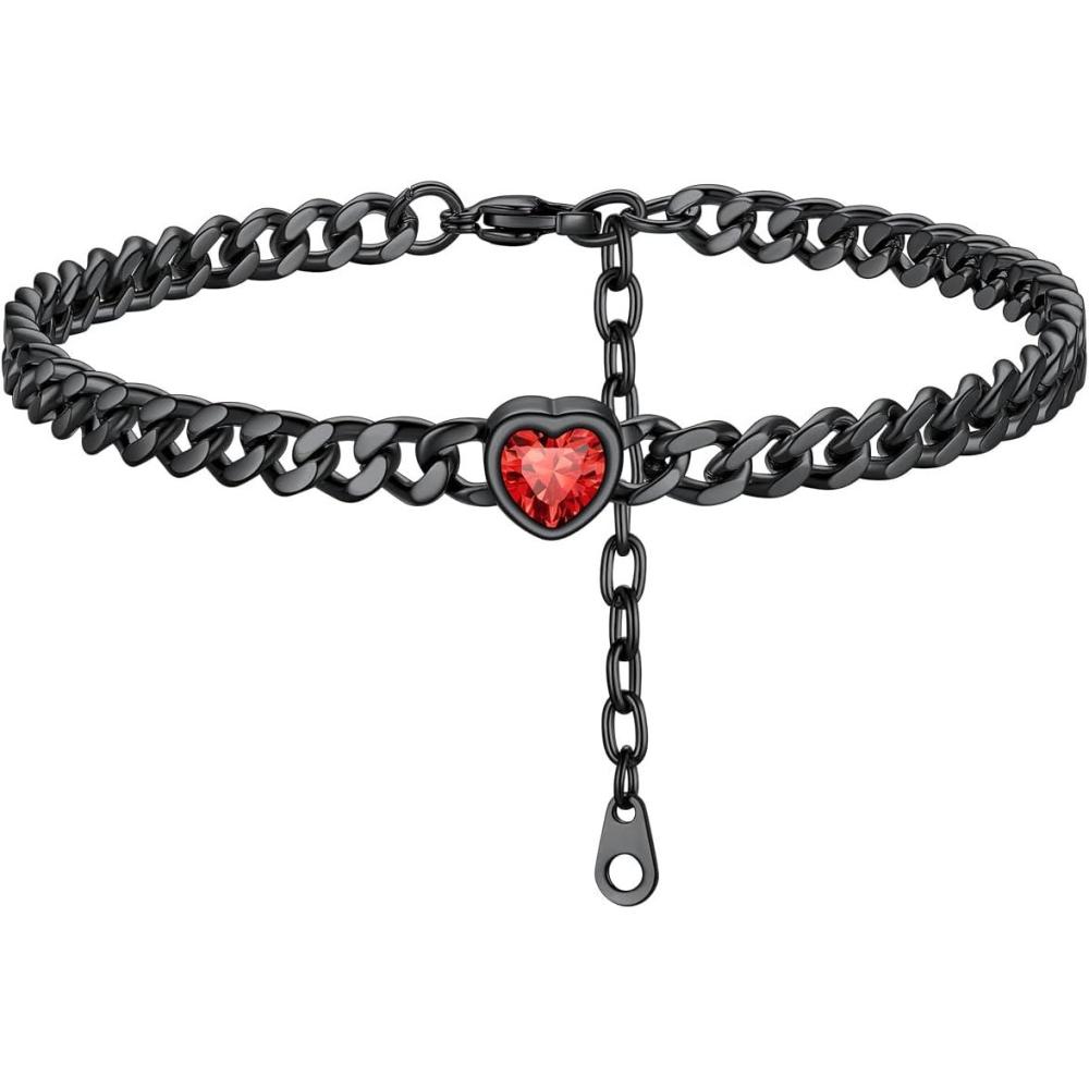 imageChainsHouse Cuban Chain Anklets for WomenStainless Steel Black 6mm Link Chain Ankle Bracelet with Heart Birthstone Jan Dec 12 Months 22cm27cm Adjustable with Gift Box07 JulRubyBlack